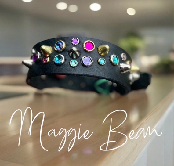 Personalized Leather rhinestone Dog Collar, Heavy Duty Studded Collar- wide black durable leather-sturdy collar for large dog