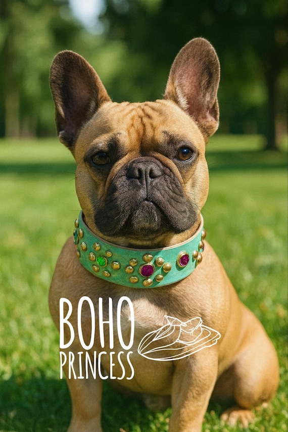 Boho artsy  Turquoise collar girly leather dog collar for big dog, tiny dog collar with bling, rhinestone crystal  hippie dog collar