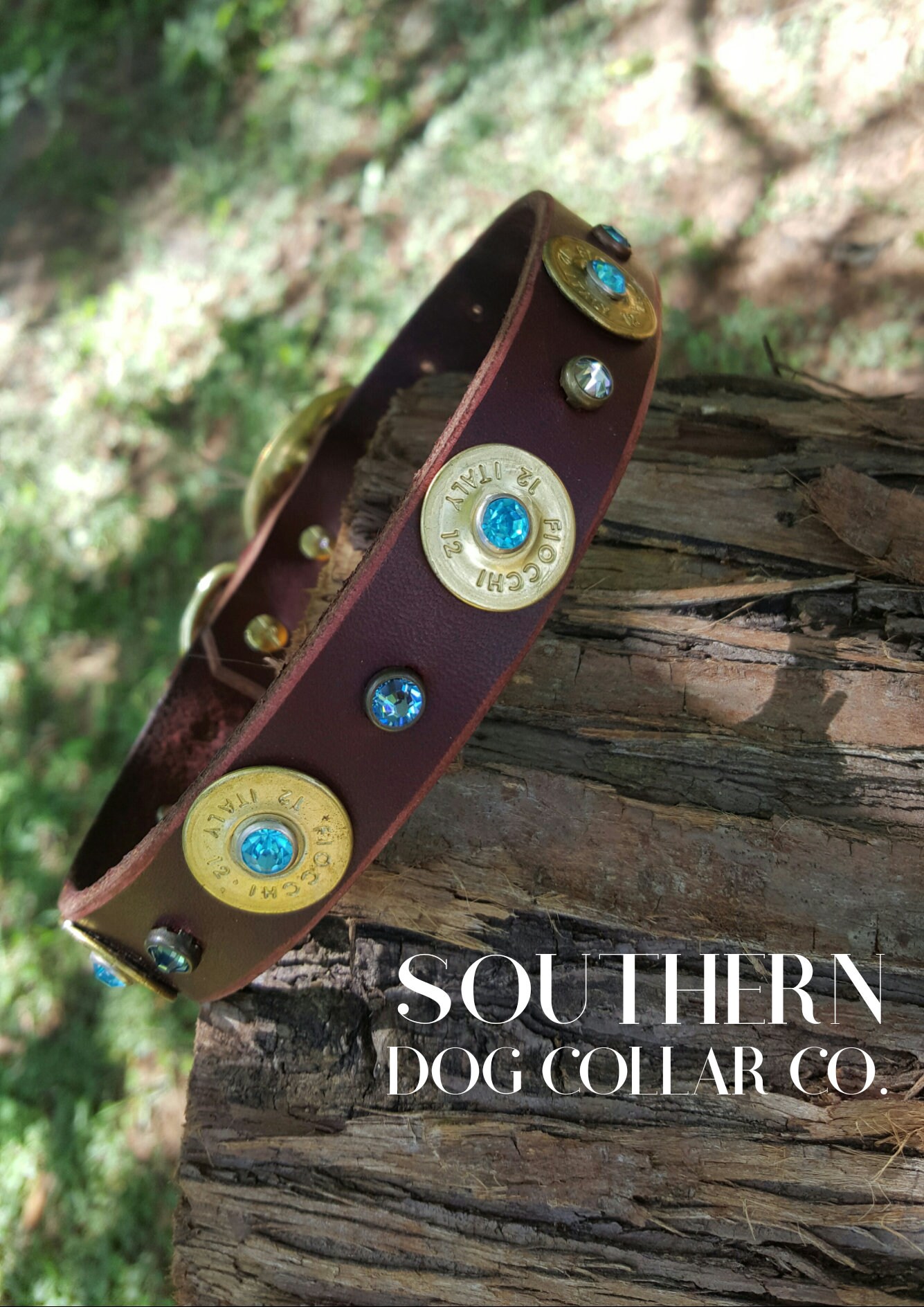 Rustic vintage brown leather dog collar with buckle and rhinestone