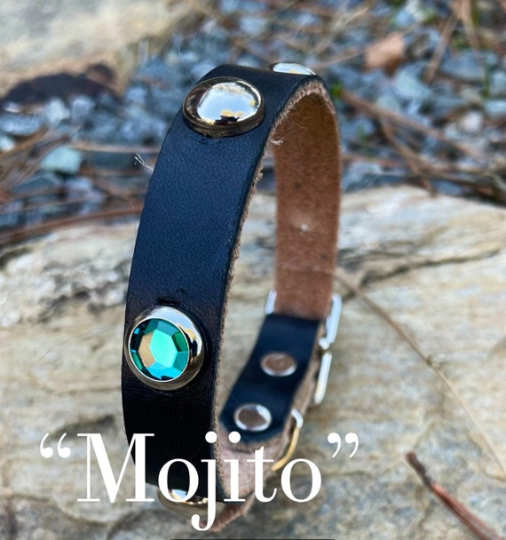 1/2 inch wide leather cat collar Mojito for small breed dogs or cats-cat collar with soft leather and bling-puppy collar with jewel xxs