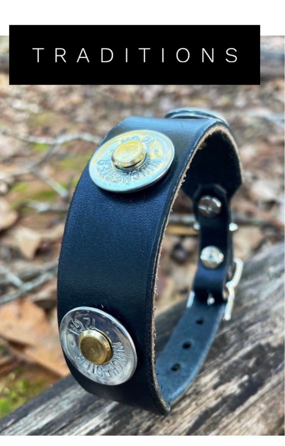 Trendy dog collar black leather ammo collar w/silver ammo-12 gauge ammo shotgun shell dog collar-hunting dog collar w/traditional brass