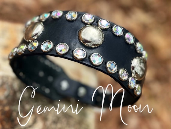 Gemini Moon custom leather Dog Collar personalized w/silver  spots and rhinestones-large Cane Corso collar handsome dog collars 2 inch wide