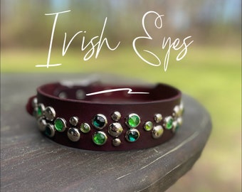 Green Gemmed Leather Dog Collar, Irish Eyes style-Customizable Sizes, bourbon leather