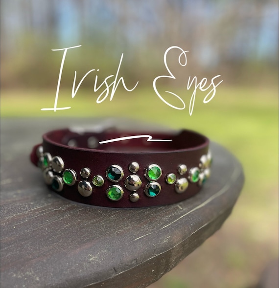 Green Gemmed Leather Dog Collar, Irish Eyes style-Customizable Sizes, bourbon leather