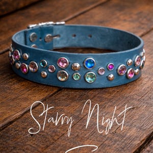 Custom dark turquoise Leather crystal Dog Collar, colorful Rhinestone design in celestial pattern- multiple sizes