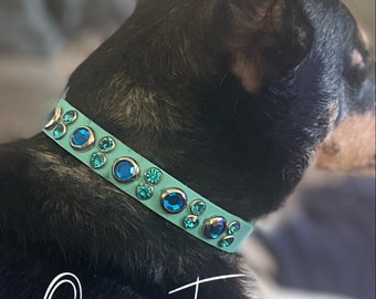 Ocean Blue Leather Dog Collar, Rhinestone Bling, Girly Puppy Collar