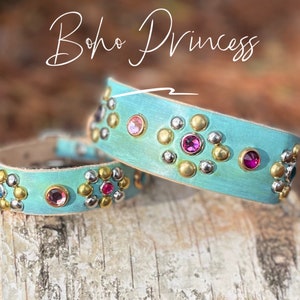 Turquoise genuine leather dog collar, girly leather dog collar for big dog, tiny dog collar with bling, rhinestone crystal  boho dog collar