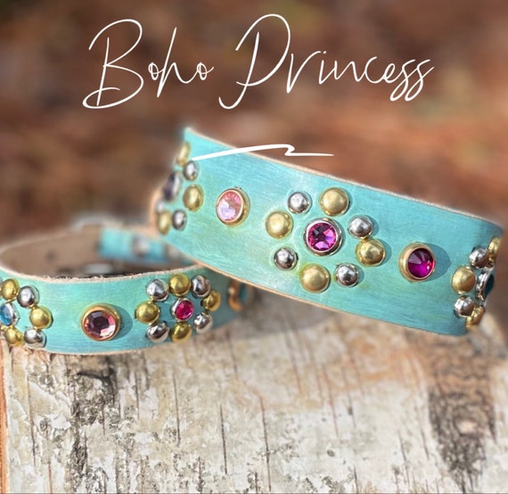 Turquoise genuine leather dog collar, girly leather dog collar for big dog, tiny dog collar with bling, rhinestone crystal  boho dog collar