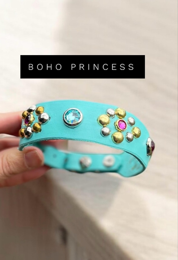 Boho dog collar  turquoise leather  with rhinestone  bling, hipp dog collar-girly collar for puppy, teal dog collar, stylish designer collar