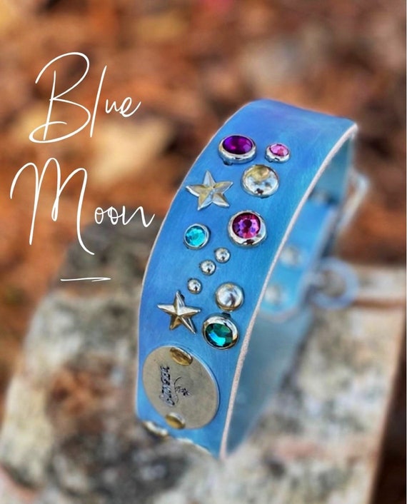 Personalize blue  dog collar leather, clouds moon and stars, chic dog collar, celestial dog collar, blue bling dog collar, dog name collar