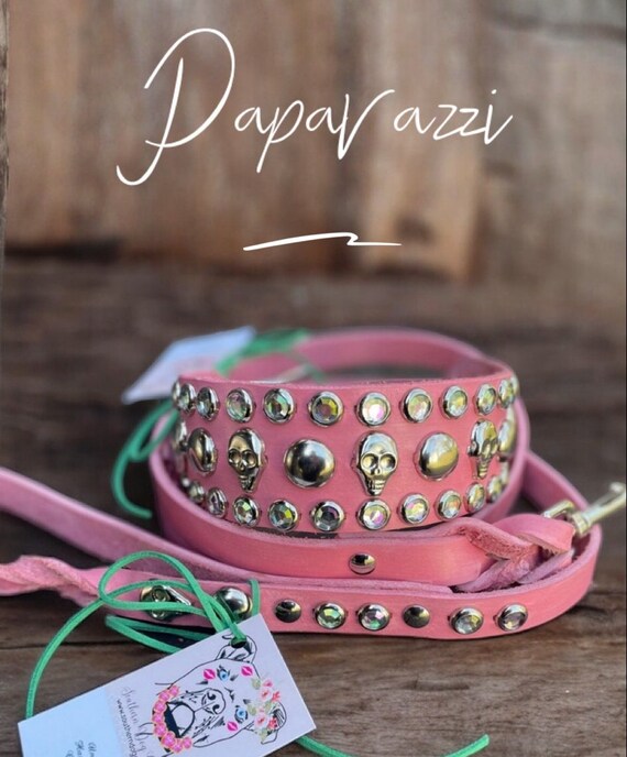 2 inch wide pink leather dog collar w silver stud and skull, designer rhinestone collar for large dog, italian greyhound collar,pitbull