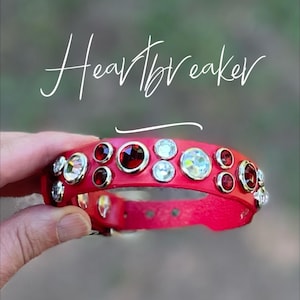 May include: A red leather collar with the word "Heartbreaker" in white script. The collar is adorned with clear and red gemstones. The collar is held by a hand.