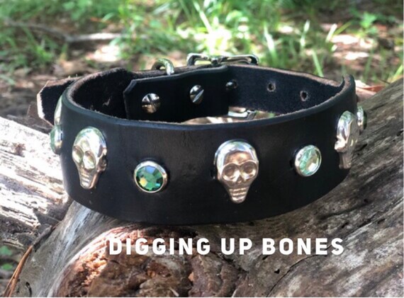 Skull black Leather Dog Collar with  silver skulls and diamond rhinestone bling for boy biker dog-motorcycle dog lover gift