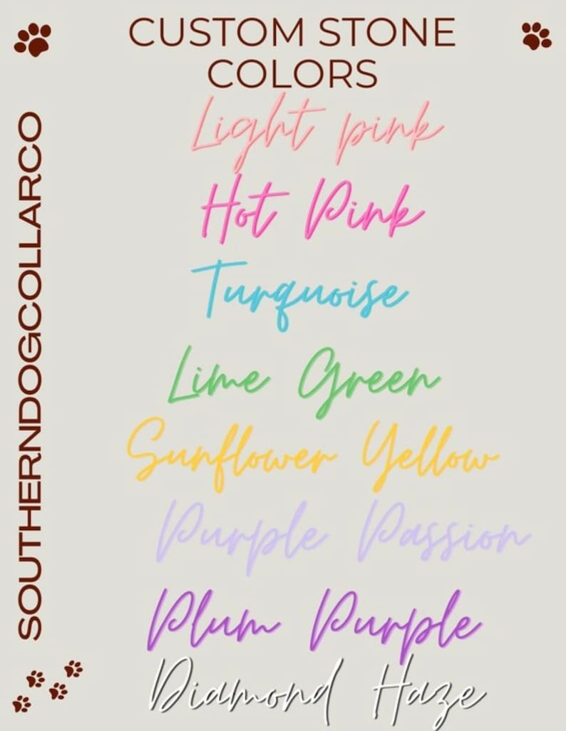Op de afbeelding: Een lijst met aangepaste steenkleuren voor hondenhalsbanden. De kleuren zijn: lichtroze, felroze, turquoise, limoengroen, zonnebloemgeel, paarse passie, pruimpaars, diamantnevel.