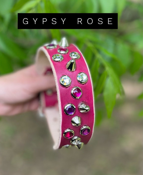 Hot pink dog collar leather in “Gypsy Rose”studded dog collar with rhinestone crystal female dog collar-pitbull collar-spiked leather collar