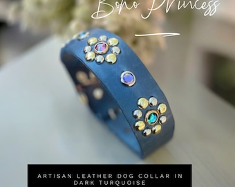 Stylish Leather Dog Collar, Turquoise Pink Bling, Girly Bohemian Style designer collar