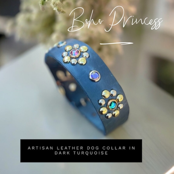 Boho leather  dog collar,leather turquoise, pink bling hippie collar, bohemian dog collar,girly dog,Doberman collar,English bulldog collar