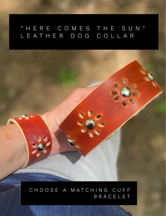 Western cognac leather dog collar and matching bracelet-Floral pattern collar,boho bracelet w/ matching dog collar;friendship bracelet set