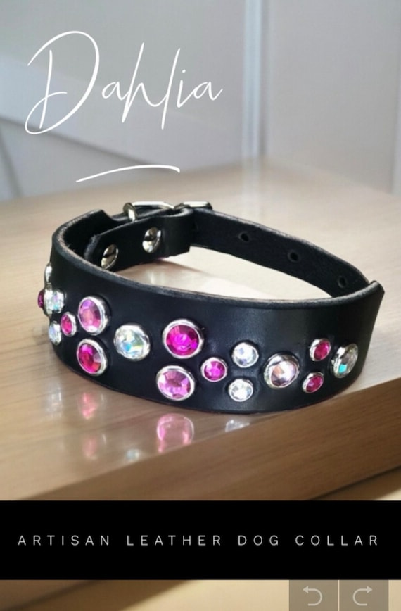 Custom wide  leather pink diamond crystal dog collar- Girly Collar for large breed-classic dog collar design-durable black Leather
