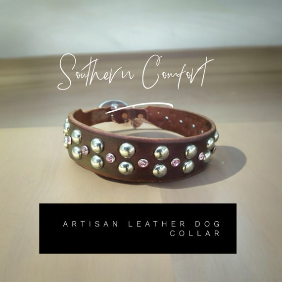 Brown leather dog collar with silver studs and pink rhinestones-small breed dog collar- great dane collar - girly bling collar
