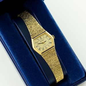 Vintage Sekonda mechanisch dameshorloge 17 juwelen, zeshoekige kast, champagnekleurige wijzerplaat, Romeinse cijfers, getextureerde armband, cadeau voor haar
