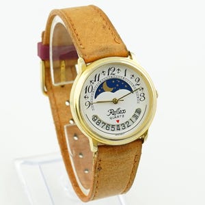 Vintage Reflex Moon Phase Watch, Gold, Brown Leather Strap wristwatch, Date Display, Day Night