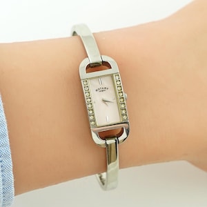 Vintage Rotary Ladies Watch, Silver Tone, Rectangular Tank Case, Mother of Pearl Dial, Original Box, 30M Water Resistant, gift for her