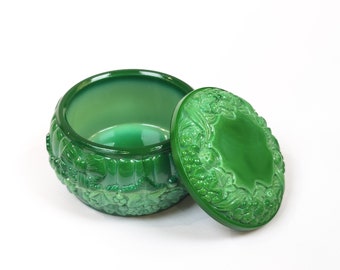 Vintage Czech Malachite Glass Jewelry Box: Art Deco Trinket Dish