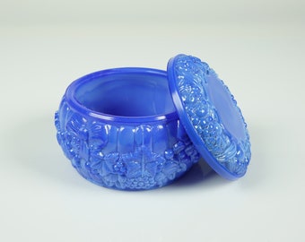 Vintage Bohemian Czech Blue Glass, Art Deco Jewelry Box by Hoffmann and Schlevogt, mini collectible Trinket Box, Rare Art Deco Powder Jar