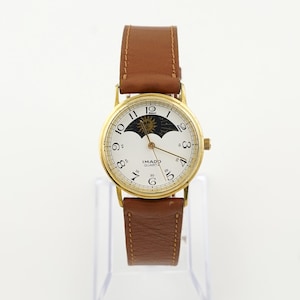 Elegant Timepiece Imado Moon Phase Watch with Leather Strap, mens round case Watch, Gift for her, moonphase watch, vintage gold watch