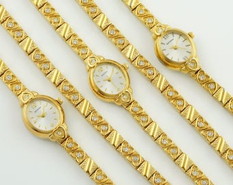 ヴィンテージ Sekonda ゴールド レディースウォッチ、ハート装飾ブレスレット、オリジナルボックス、カクテルウォッチ