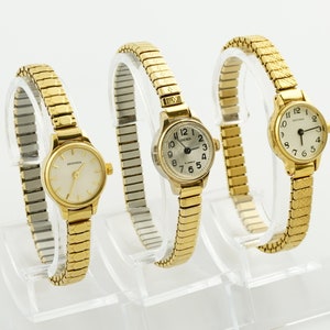Vintage Women's Sekonda Watch, Gold colored womens Watch, Thin ladies cocktail wristwatches, Stretch bracelet watch, Gift for her