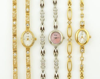 Vintage Limit Gold Watch, Silver Oval Case wristwatch, Mother Pearl Dial, Stone Bracelet