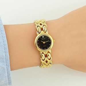 Vintage Accurist Gold-Tone Round Women’s Watch with Black Dial, Inlaid Stone & Ornamental Link Bracelet, Gift for her, cocktail watch