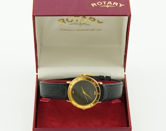 Vintage Rotary damklocka, guldfärgad, svart urtavla, läderarmband, originalask, rund boett