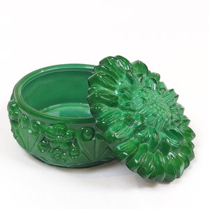 Vintage Bohemian Czech Malachite Glass Art Deco Jewelry Trinket Box with Floral Theme, Collectible Trinket Box, Powder Jar, Home decor
