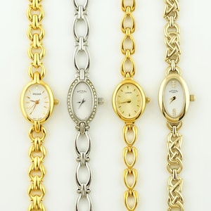 Vintage Ladies Cocktail Watch, Gold & Silver Tone Oval Wristwatches, Pulsar, Womens Rotary