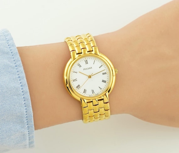 Vintage Pulsar Womens Gold Watch in Original Box, Roman Numeral Dial, Water Resistant