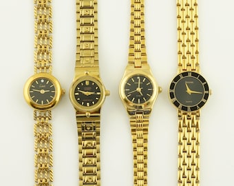 Reloj vintage dorado para mujer: reloj de pulsera de cóctel con esfera negra