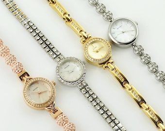 Vintage Women's Cocktail Watch: Rhinestone Bracelet, Mother-of-Pearl Dial