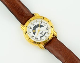 Vintage Avia Mens Moon Phase Watch, Gold Day-Night Indicator wristwatch, Brown Leather Strap