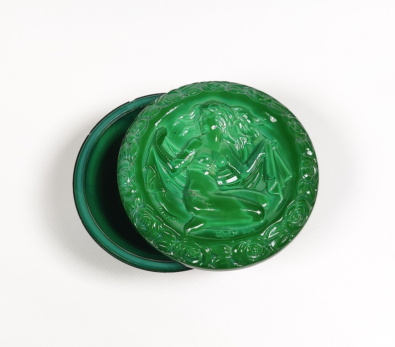 Vintage Naked Woman Figurine Box, Bohemian Malachite Glass with Mermaid Motif, Art Deco Jewelry Trinket Box, Nude Woman Design, Powder Jar image 1