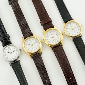 montre Lorus pour femme vintage, montre pour femme avec bracelet en cuir Pulsar, montre ronde, montre à quartz, cadeau pour elle, montre-bracelet décorative en or