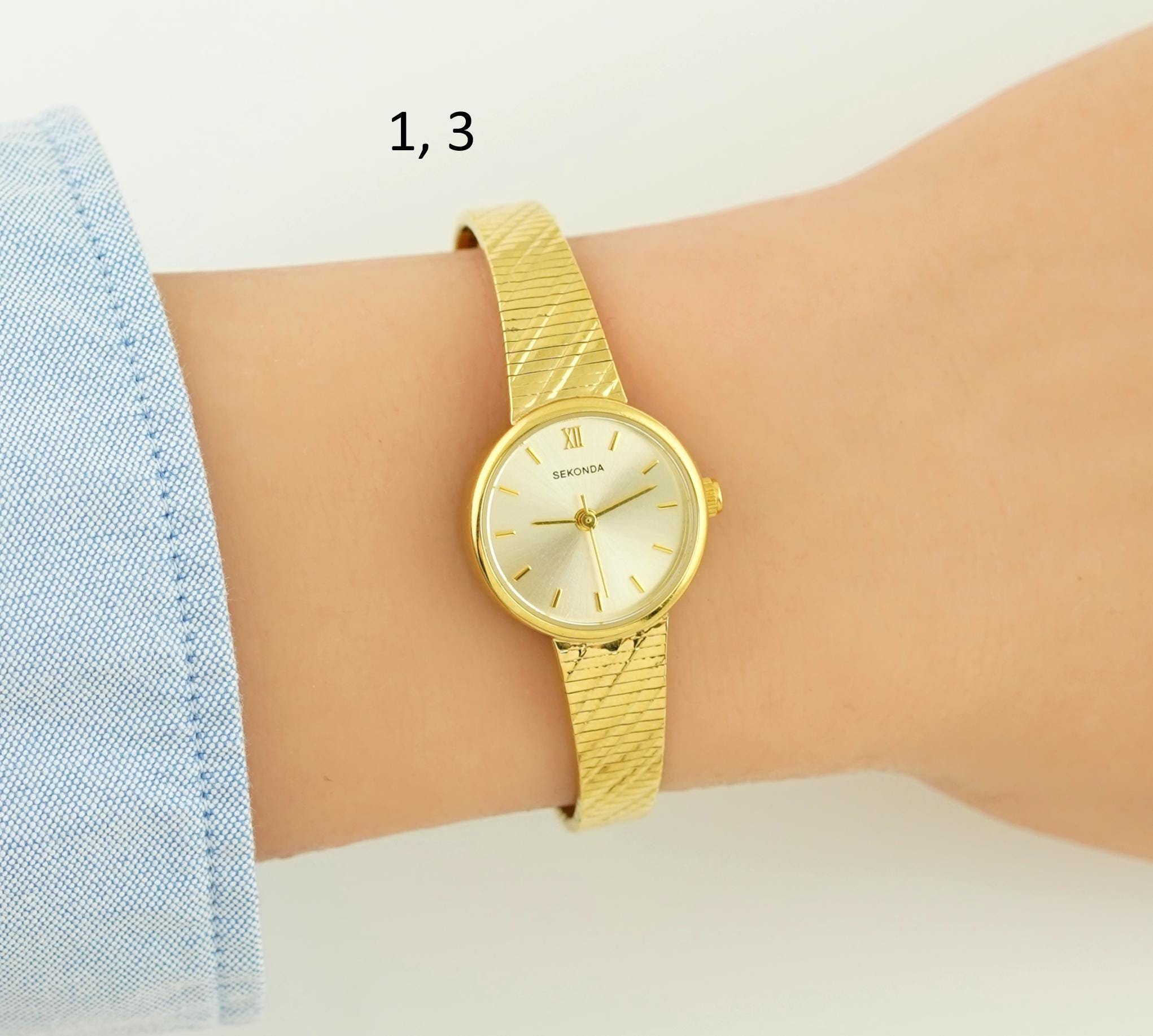 Montre Femme Vintage Zeemex Ton Or - Cadran Blanc, Bracelet Bangle - Occasion Fonctionne