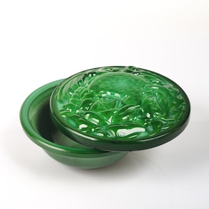 Vintage Bohemian Czech Malachite Glass Art Deco Jewelry Trinket Box with Rose Theme, Collectible Trinket Box, Powder Jar, vintage home decor