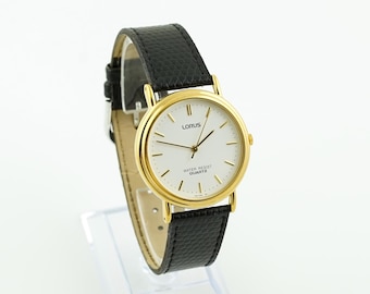 Vintage Mens Lorus Watch in Original Box, Womens Water Resistant wristwatch, Leather Strap
