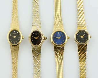 Vintage Women&#39;s Citizen Watch, Accurist gold colored womens Watch, Thin ladies cocktail wristwatches, Gift for her, black face watch