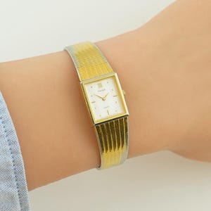 Vintage Pulsar Women’s Watch, Two tone Stainless Steel watch, Rectangular Case, White Dial, Elegant Integrated Bracelet, Gift for her