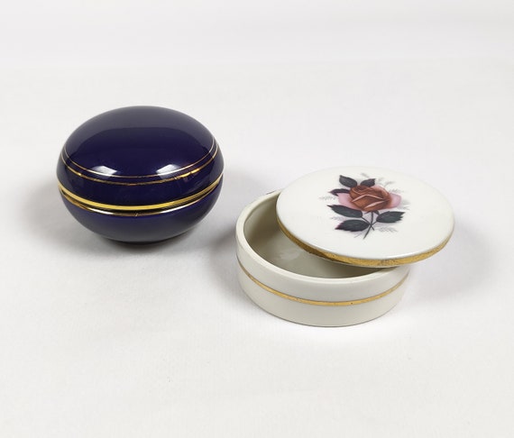 Vintage Porcelain Box with Rose Design, Blue cera… - image 1