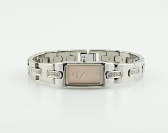 Vintage Accurist Silver Pink Dial Watch for Women, Retro Stainless Steel Bracelet Wristwatch, Quartz